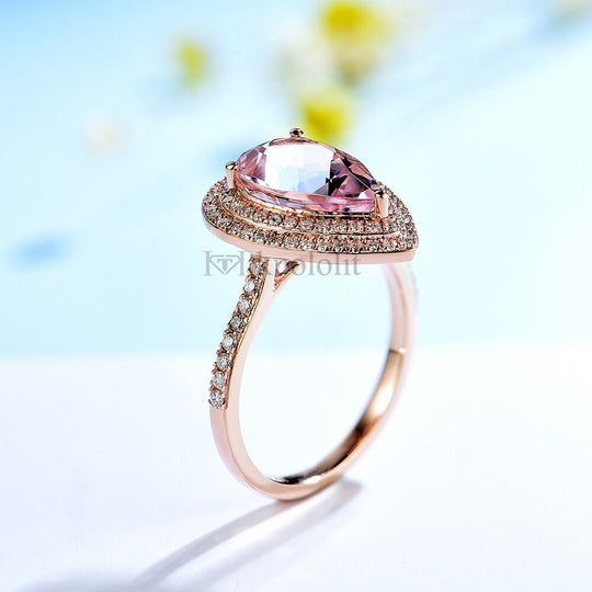 Kuololit 3 Karat Morganit-Ring für Damen, massives 18K/14K Roségold, Birnenform (8 x 12 mm), ideal für Verlobungsfeiern und als Geburtsstein. 