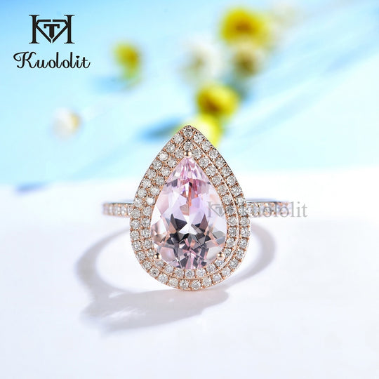 Kuololit 3 Karat Morganit-Ring für Damen, massives 18K/14K Roségold, Birnenform (8 x 12 mm), ideal für Verlobungsfeiern und als Geburtsstein. 