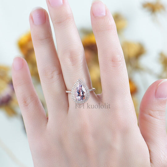 Kuololit 3 Karat Morganit-Ring für Damen, massives 18K/14K Roségold, Birnenform (8 x 12 mm), ideal für Verlobungsfeiern und als Geburtsstein. 