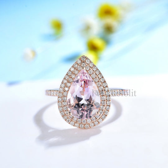 Kuololit 3 Karat Morganit-Ring für Damen, massives 18K/14K Roségold, Birnenform (8 x 12 mm), ideal für Verlobungsfeiern und als Geburtsstein. 