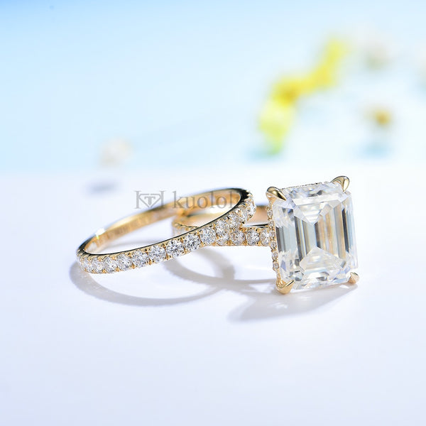 Kuololit 5CT Moissanite AU750 18K 14K White Gold Set Ring for Women Emerald Cut  D VVS Solitaire Ring for Engagement Party Gifts