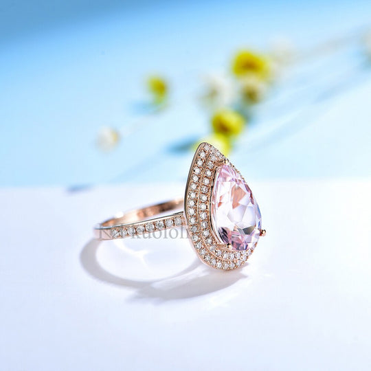Kuololit 3 Karat Morganit-Ring für Damen, massives 18K/14K Roségold, Birnenform (8 x 12 mm), ideal für Verlobungsfeiern und als Geburtsstein. 